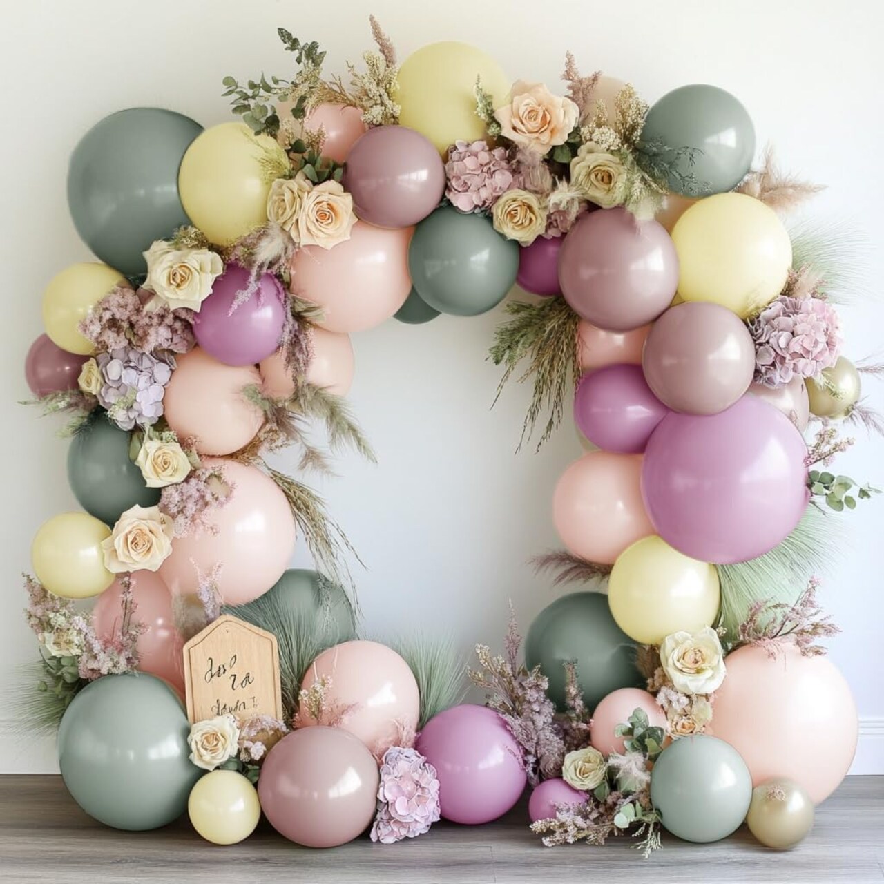 Dusty Green, Pink & Yellow Balloon Garland – Double-Stuffed Pastel Balloon Arch Kit with Pink, Yellow, Purple, and Green Hues for Birthday, Baby Shower, Garden Party, or Wildflower Tea Party Decorations